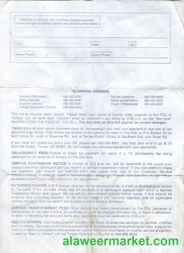 USA Arizona water utility bill 2 pages 2 in PSD format